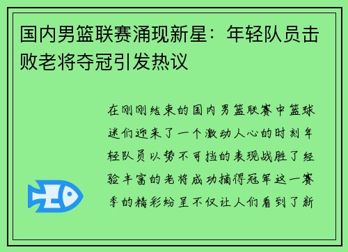 国内男篮联赛涌现新星：年轻队员击败老将夺冠引发热议